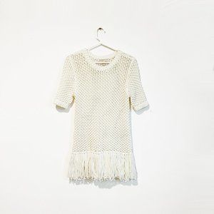 White knit crochet fringe sweater
